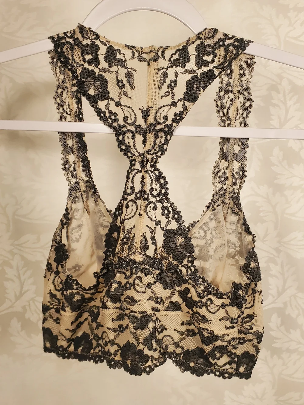 Free People Black Lace Overlay Racerback Bralette on Cream - Picture 2 of 6